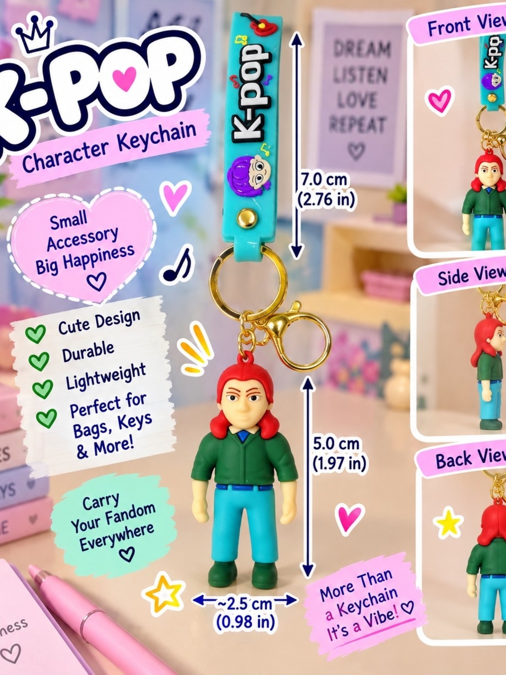 pop Red-Haired K-pop Character Keychain with Teal Strap